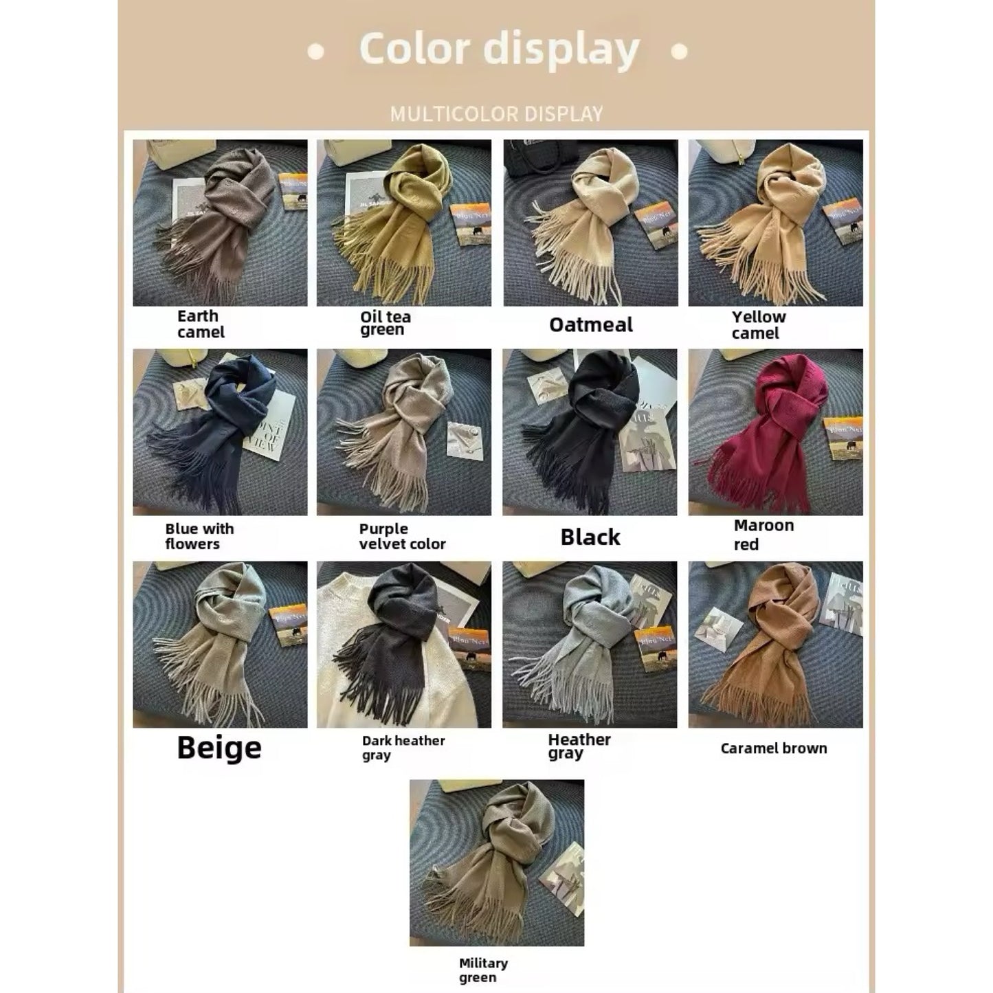 Women & Men Wool Scarf Embossed Simple Warm Muffler Cashmere Thick Fringed Shawl Women Woollen
