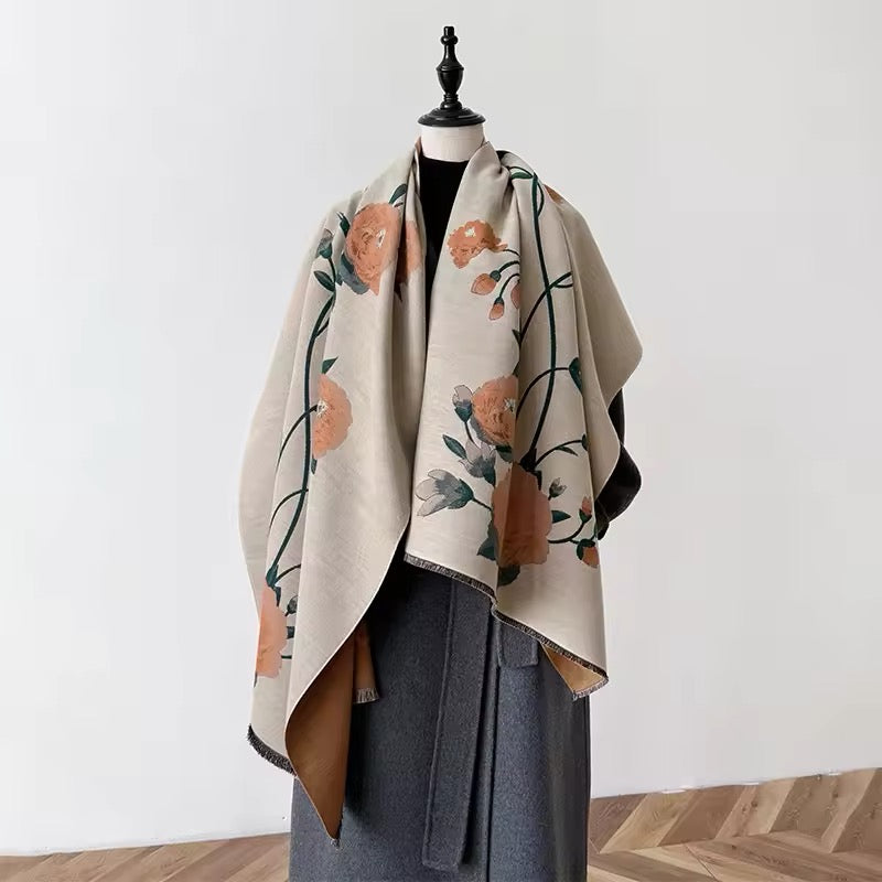 Luxury Women Floral Cashmere Touch Flower Scarf - Warm Fringe Shawl