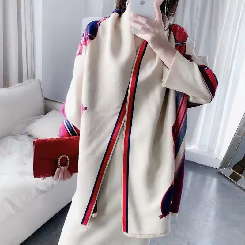 Luxury Women Limited Edition Horse Design Cashmere Touch Scarf - Warm Fringe Shawl