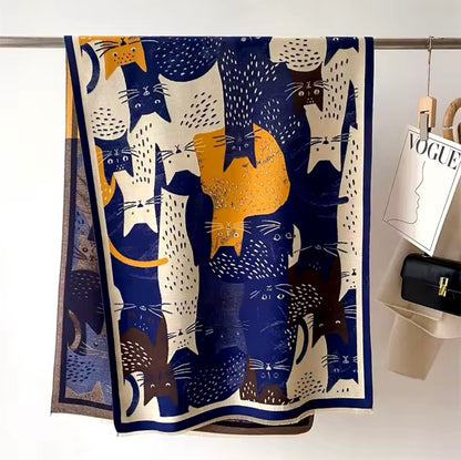 Cat Print Scarf Thickened Warm Cashmere Double Sided Luxury Shawl Women Allure