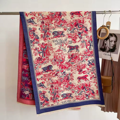 Luxury Women Floral Cashmere Touch Flower Scarf - Warm Fringe Shawl