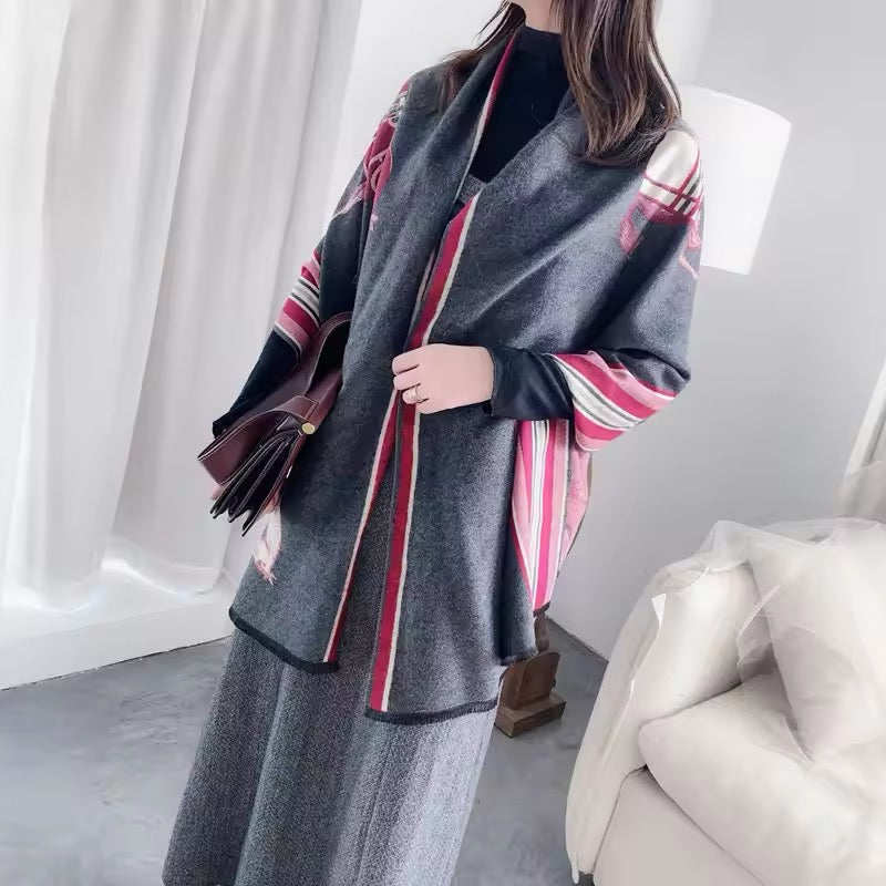 Luxury Women Limited Edition Horse Design Cashmere Touch Scarf - Warm Fringe Shawl