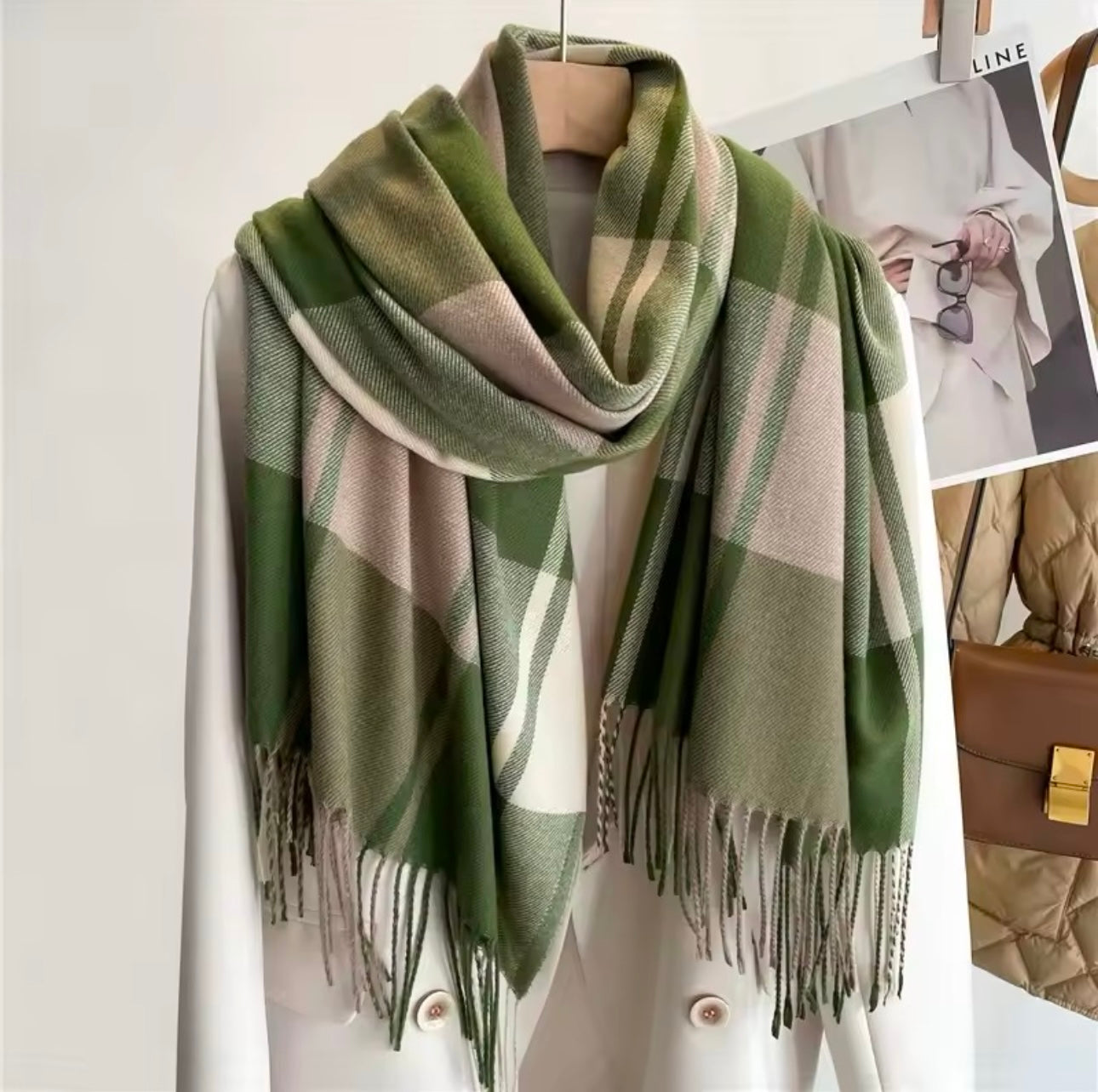 Men & Women Checked Pattern Cashmere Touch Scarf - Warm Fringe Shawl