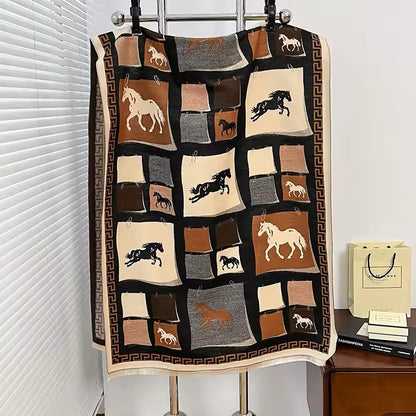 Luxury Women Limited Edition Horse Design Cashmere Touch Scarf - Warm Fringe Shawl