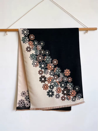 Luxury Women Floral Cashmere Touch Flower Scarf - Warm Fringe Shawl