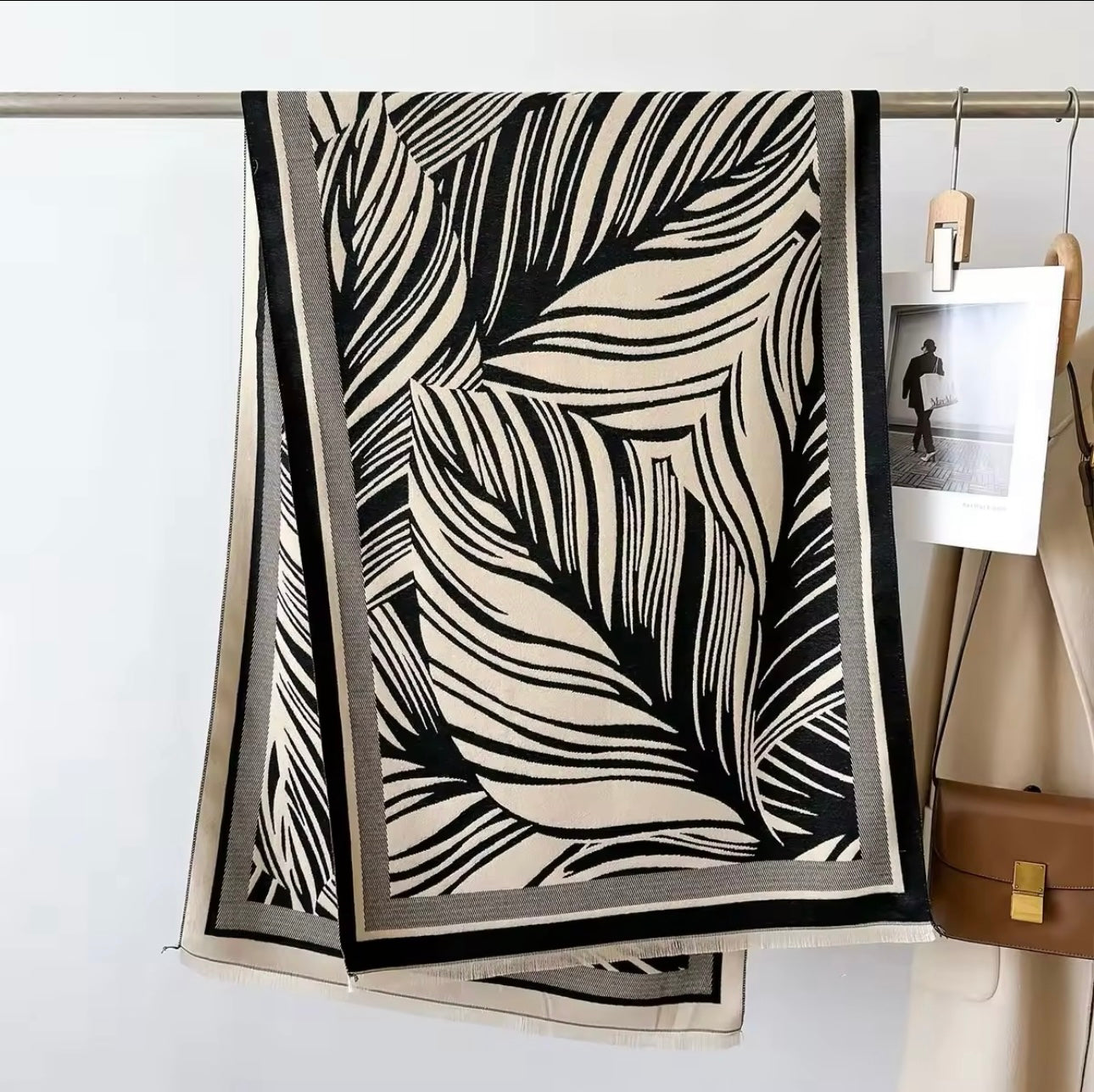 Luxury Women Floral Cashmere Touch Leaves Print Scarf - Warm Fringe Shawl