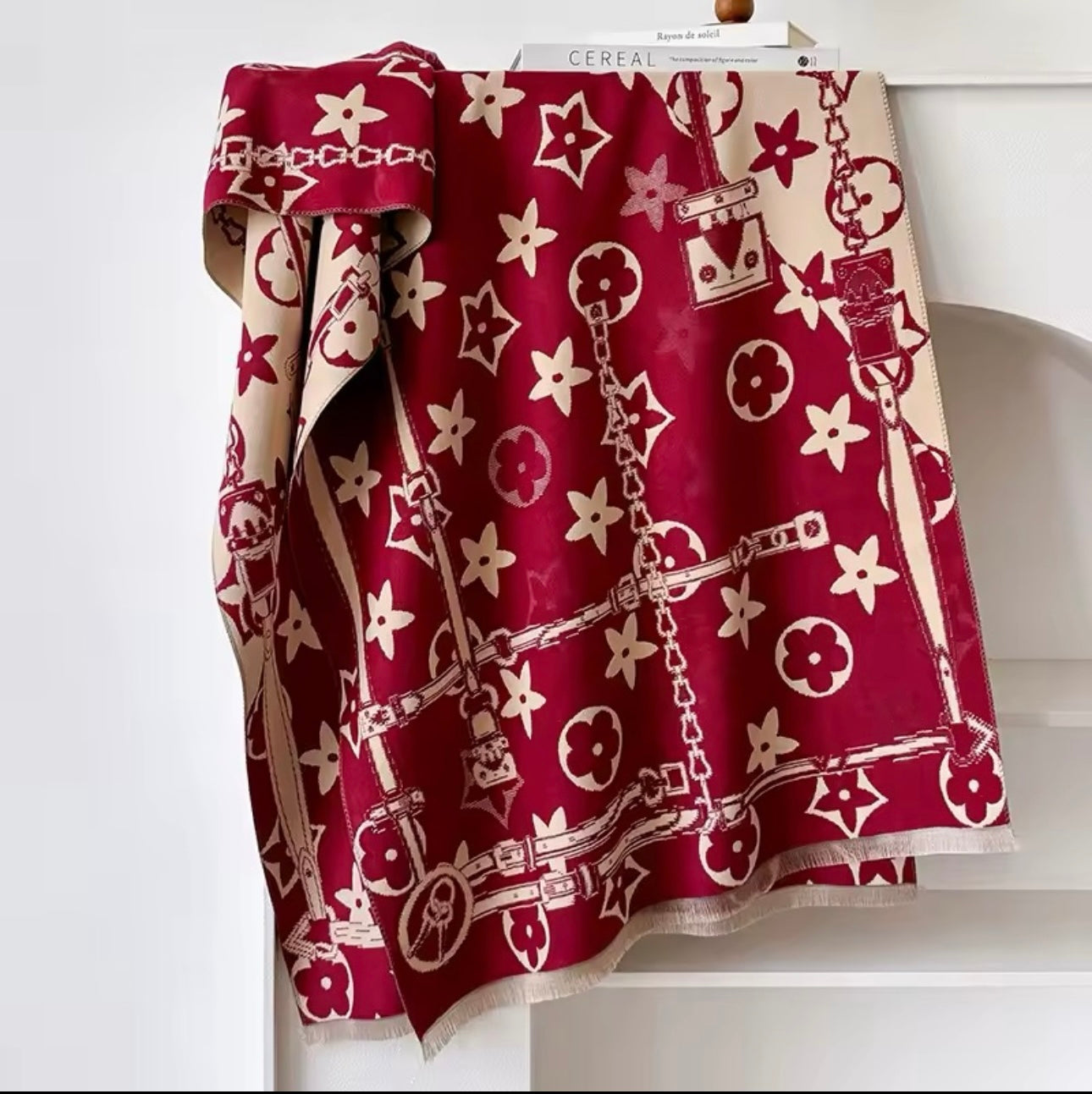 Luxury Women Floral Cashmere Touch Flower Scarf - Warm Fringe Shawl