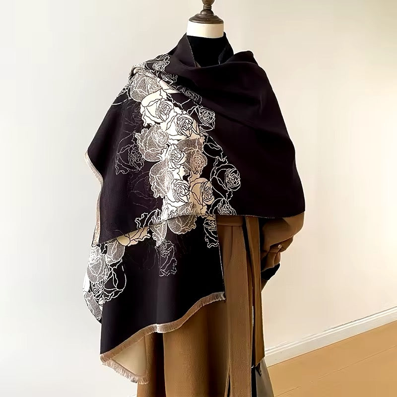 Luxury Women Floral Cashmere Touch Flower Scarf - Warm Fringe Shawl