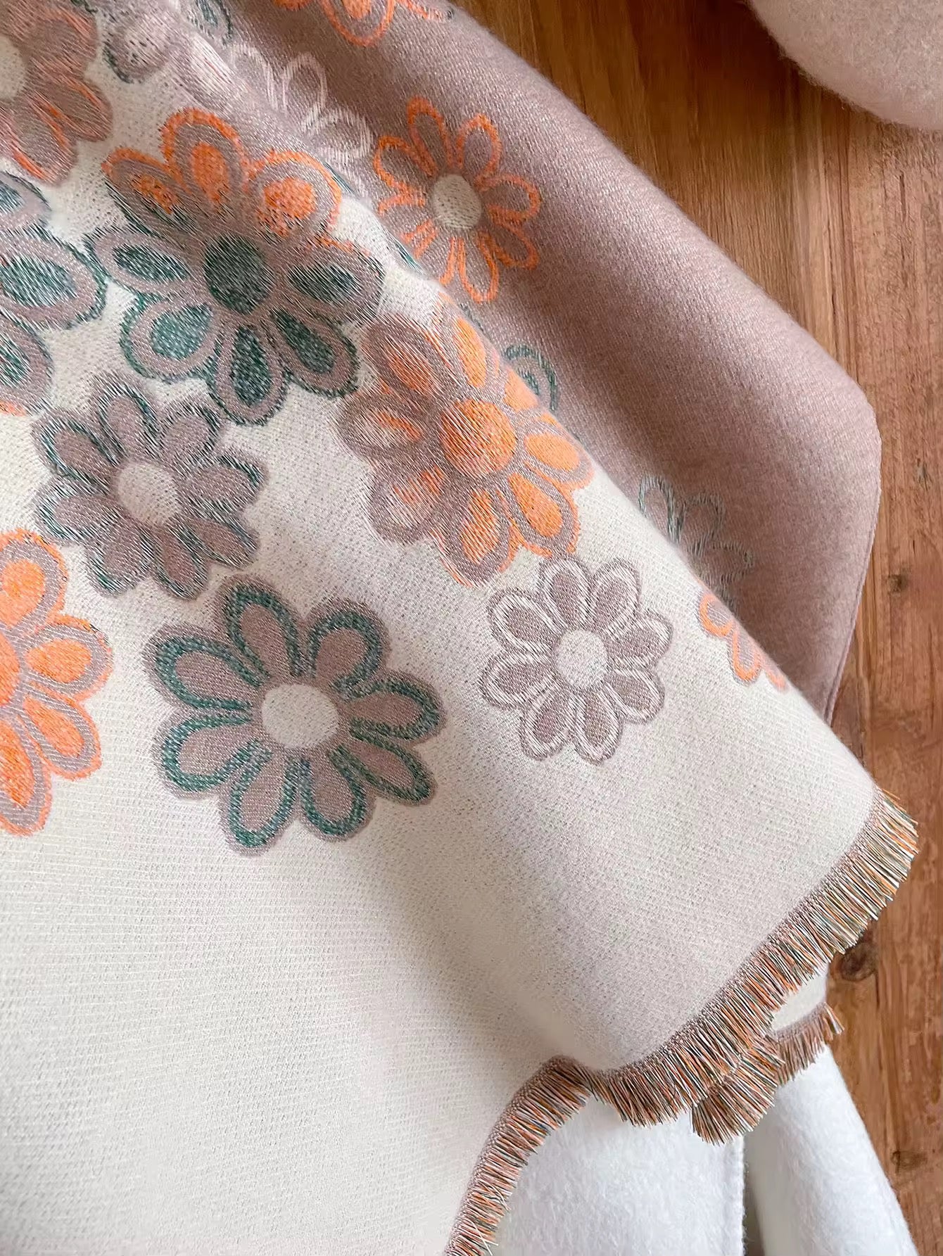 Luxury Women Floral Cashmere Touch Flower Scarf - Warm Fringe Shawl