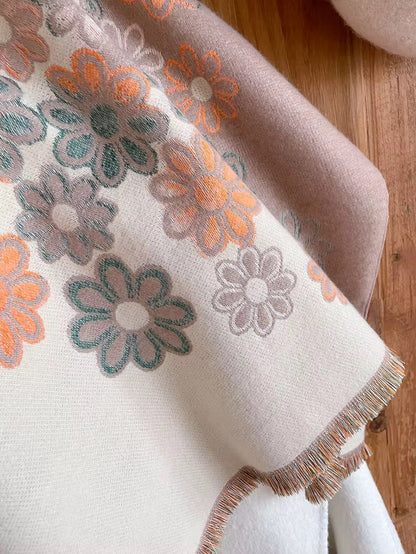 Luxury Women Floral Cashmere Touch Flower Scarf - Warm Fringe Shawl