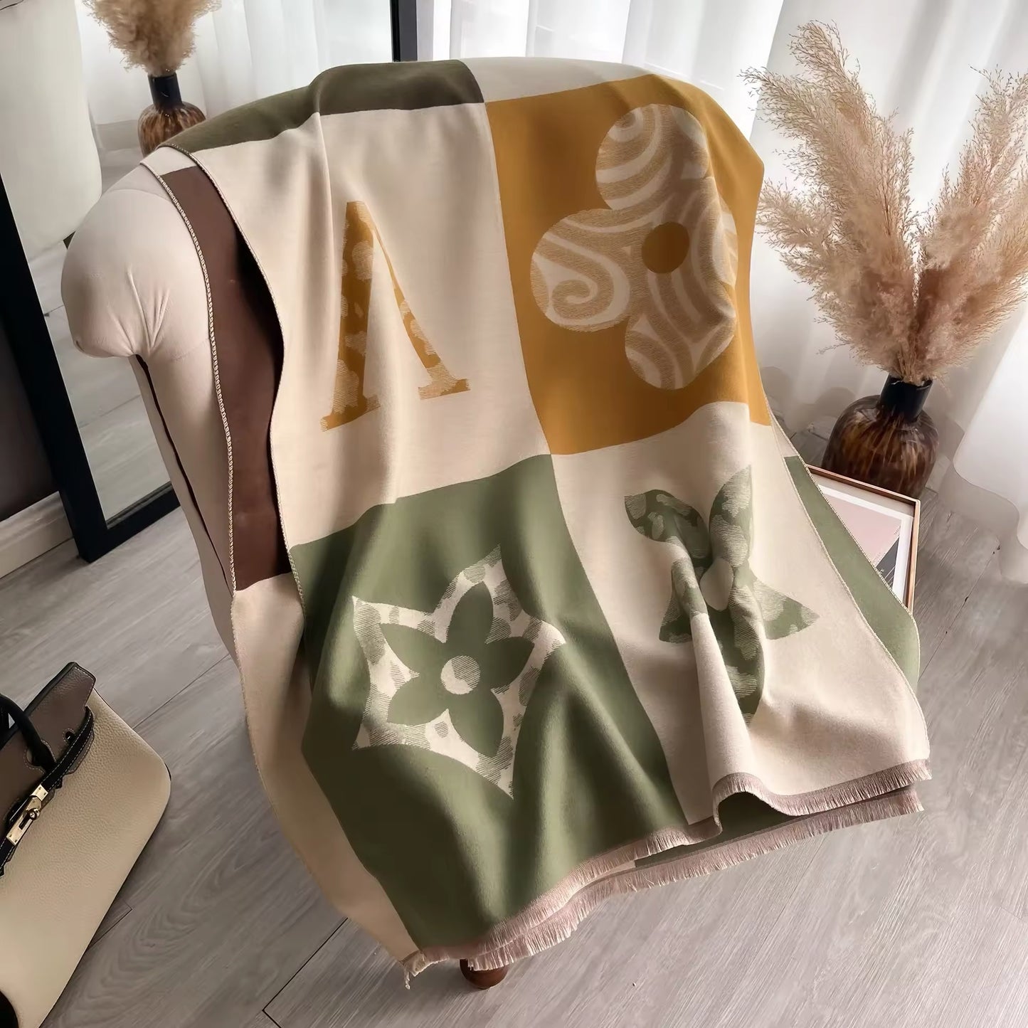 Luxury Women Floral Cashmere Touch Flower Scarf - Warm Fringe Shawl