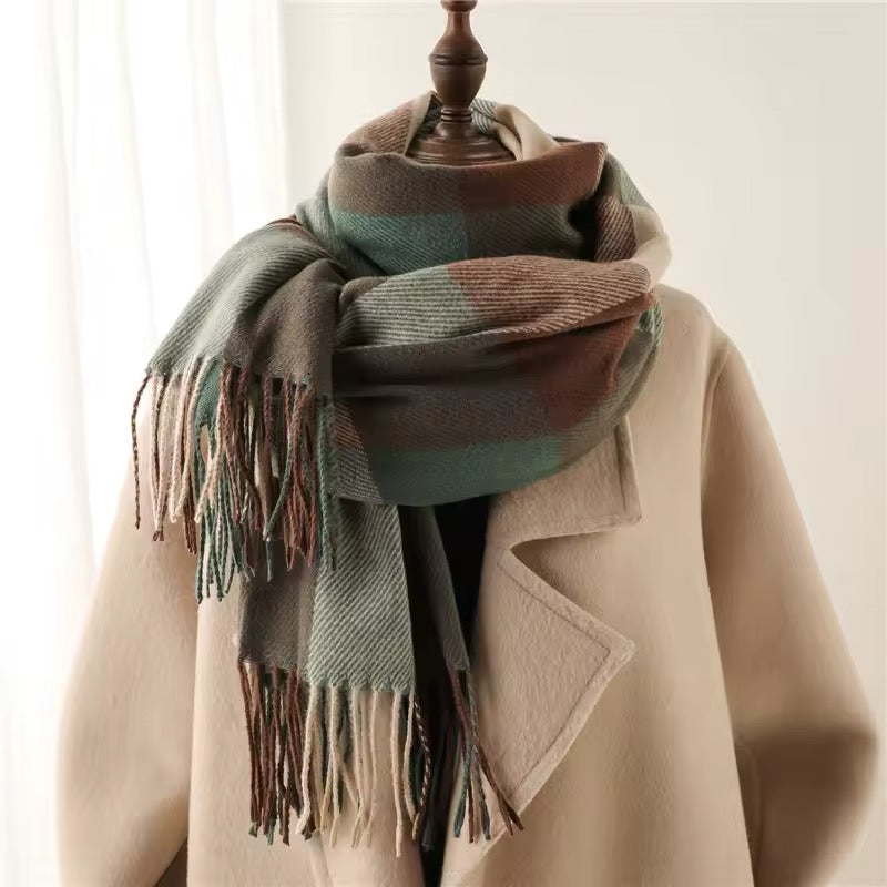 Men & Women Checked Pattern Cashmere Touch Scarf - Warm Fringe Shawl