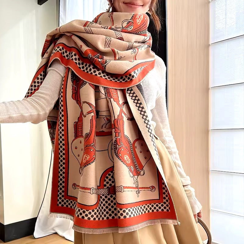 Luxury Women Limited Edition Horse Design Cashmere Touch Scarf - Warm Fringe Shawl