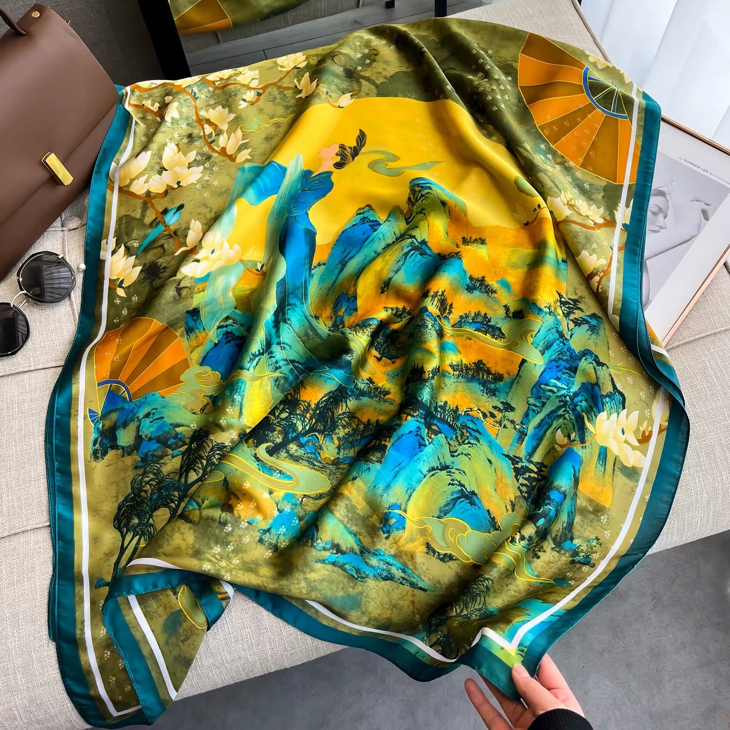 Satin Shawls Autumn Colour Print Luxury Silk Scarf Scarves Women Silk Satin