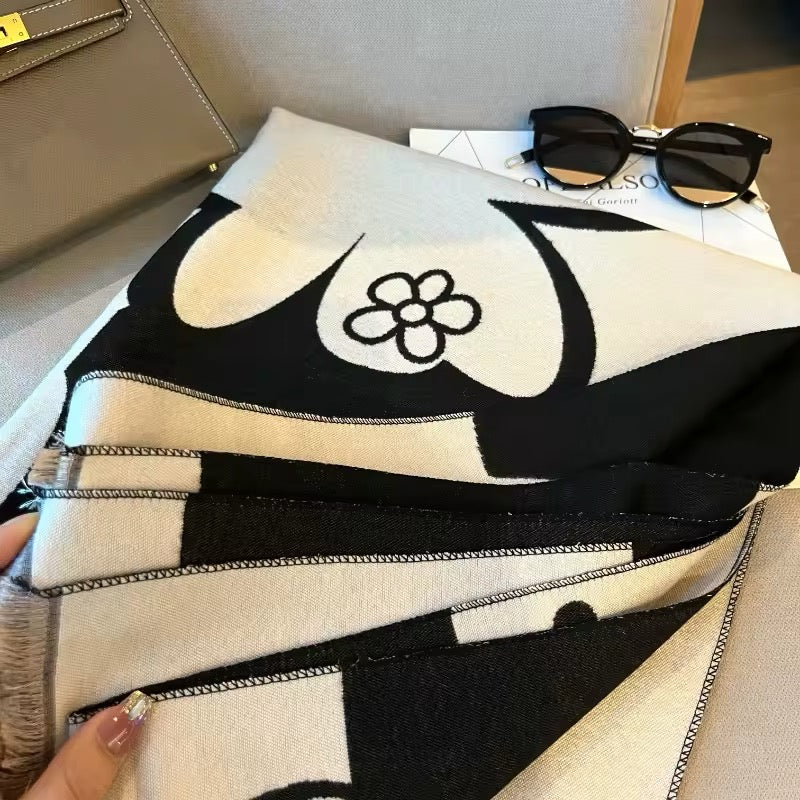 Luxury Women Limited Edition Floral Cashmere Touch Flower Scarf - Warm Fringe Shawl