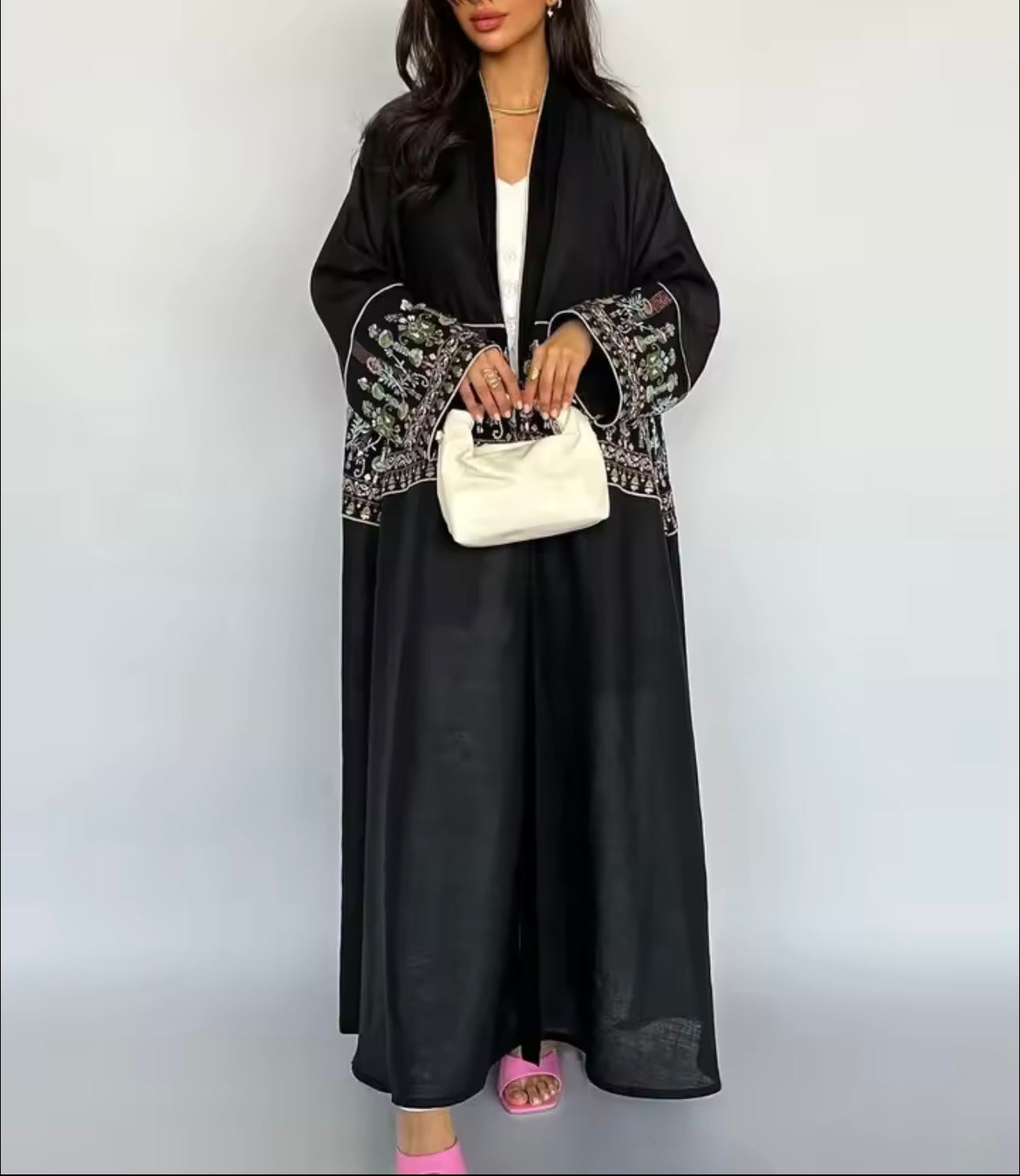 Women Split Abaya Long Open Front Embroidery Robe Kaftan Modest Cardigan