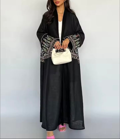 Women Split Abaya Long Open Front Embroidery Robe Kaftan Modest Cardigan