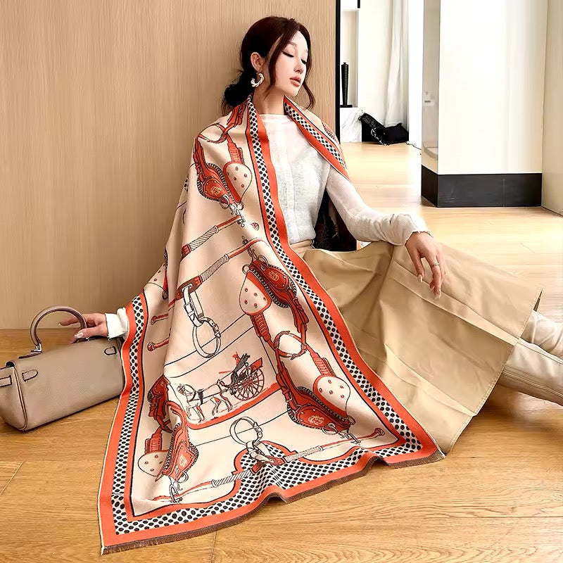 Luxury Women Limited Edition Horse Design Cashmere Touch Scarf - Warm Fringe Shawl
