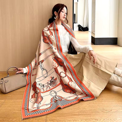 Luxury Women Limited Edition Horse Design Cashmere Touch Scarf - Warm Fringe Shawl