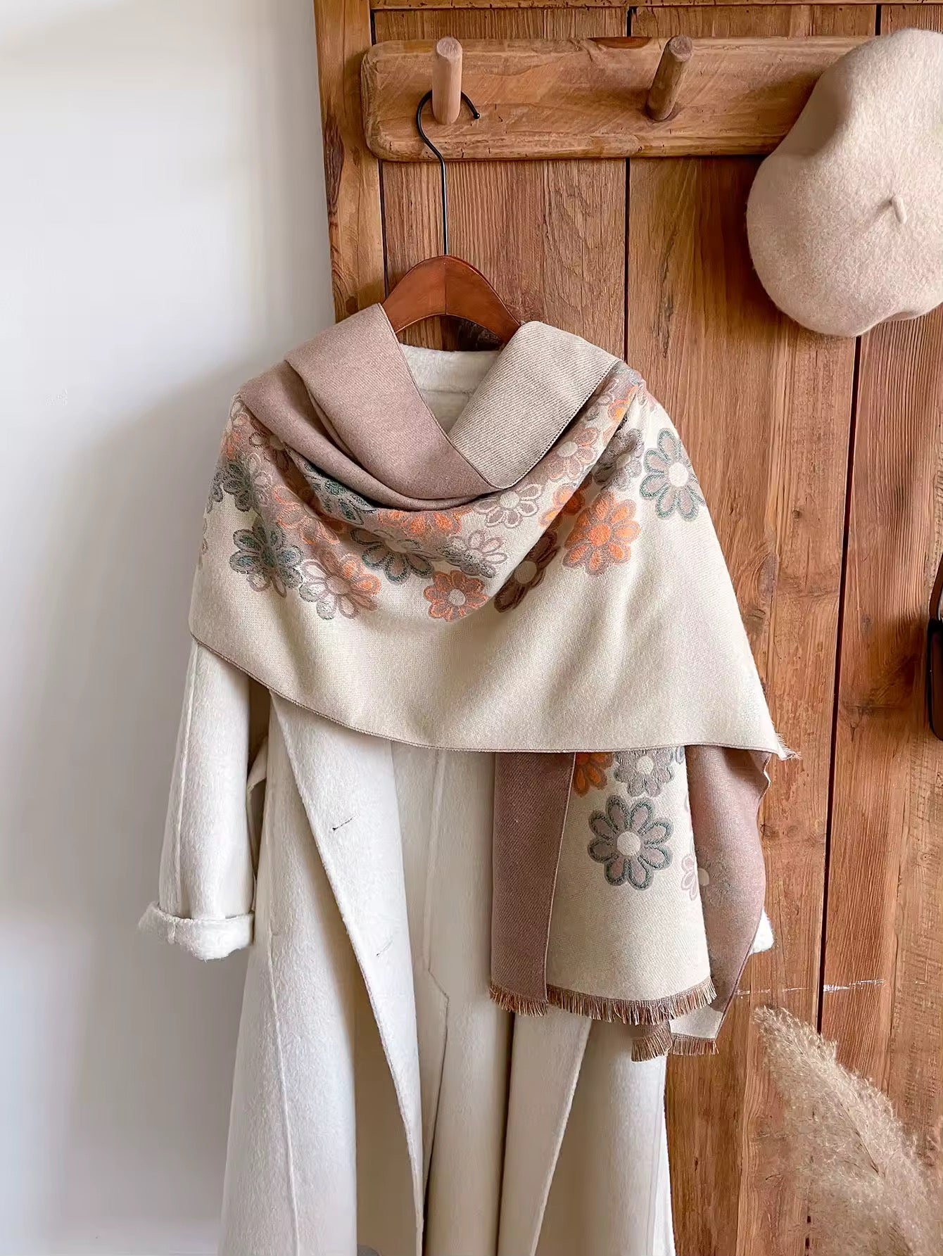 Luxury Women Floral Cashmere Touch Flower Scarf - Warm Fringe Shawl