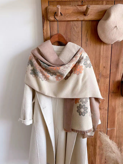 Luxury Women Floral Cashmere Touch Flower Scarf - Warm Fringe Shawl