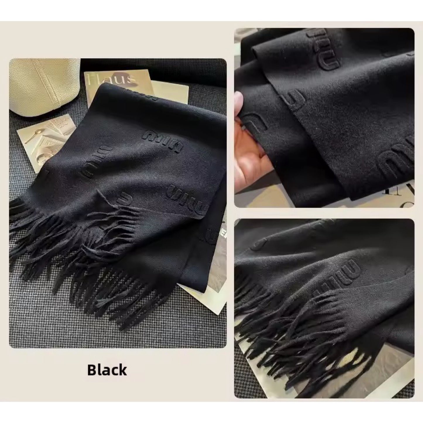 Women & Men Wool Scarf Embossed Simple Warm Muffler Cashmere Thick Fringed Shawl Women Woollen