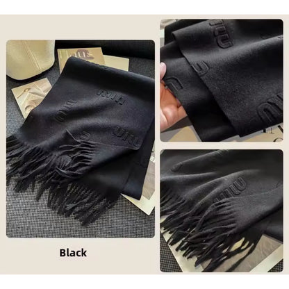 Women & Men Wool Scarf Embossed Simple Warm Muffler Cashmere Thick Fringed Shawl Women Woollen