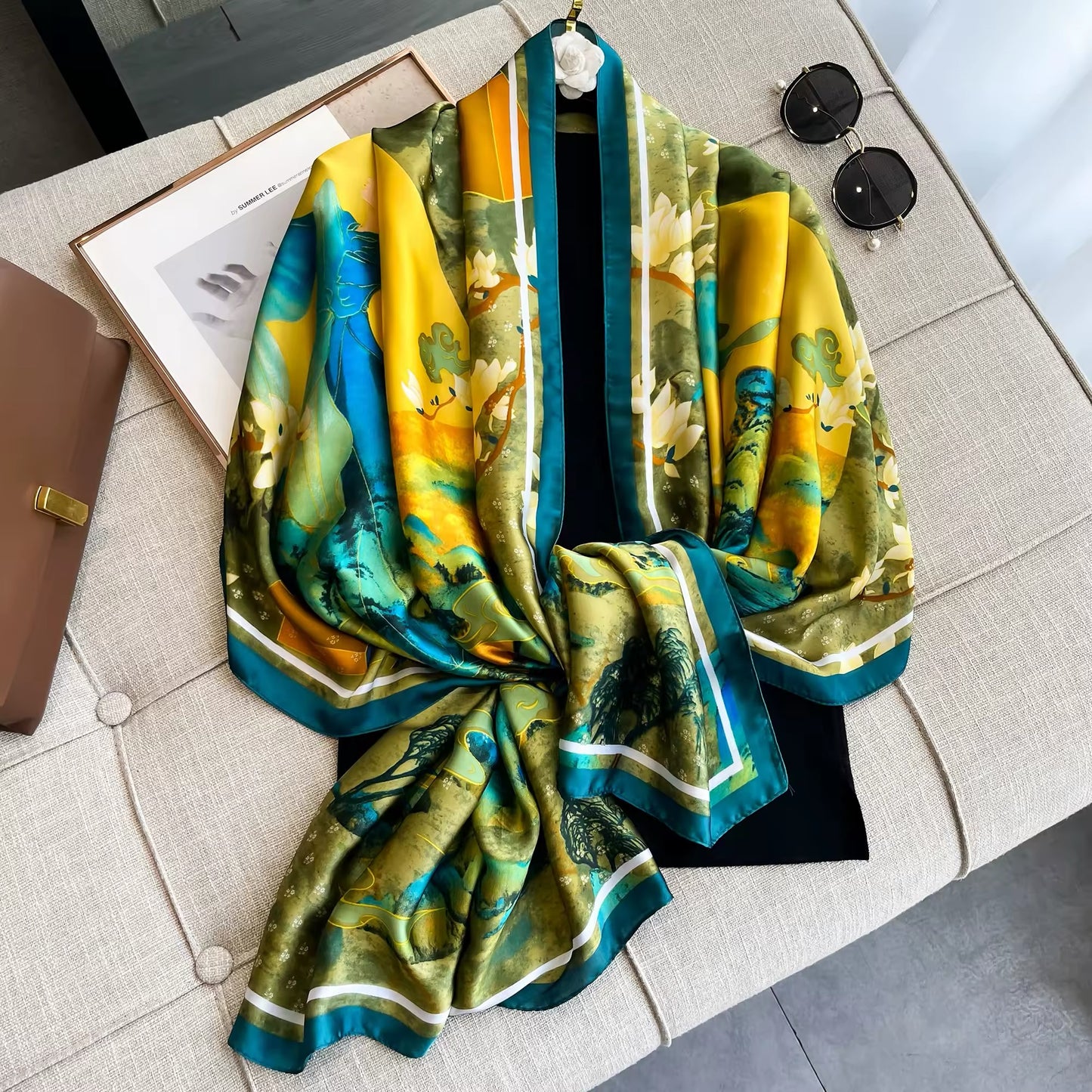 Satin Shawls Autumn Colour Print Luxury Silk Scarf Scarves Women Silk Satin