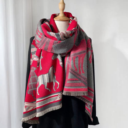 Luxury Women Limited Edition Horse Design Cashmere Touch Scarf - Warm Fringe Shawl