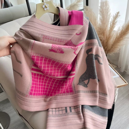 Luxury Women Limited Edition Horse Design Cashmere Touch Scarf - Warm Fringe Shawl