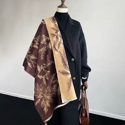 Luxury Women Floral Cashmere Touch Double Sided Flower Scarf - Warm Fringe Shawl