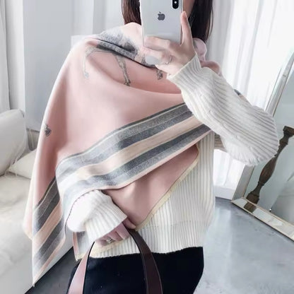 Luxury Women Limited Edition Horse Design Cashmere Touch Scarf - Warm Fringe Shawl