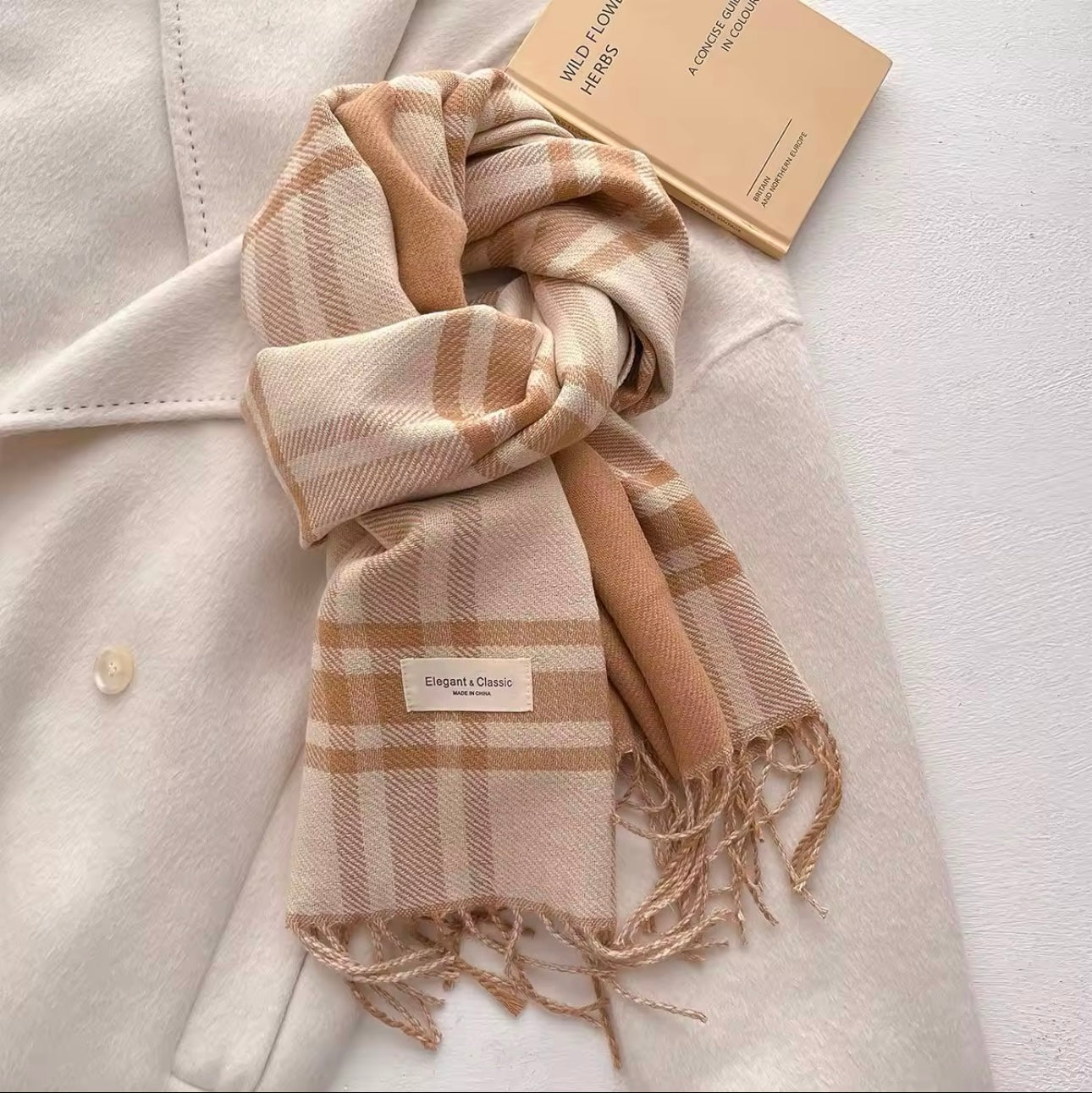 Men & Women Checked Pattern Cashmere Touch Scarf - Warm Fringe Shawl