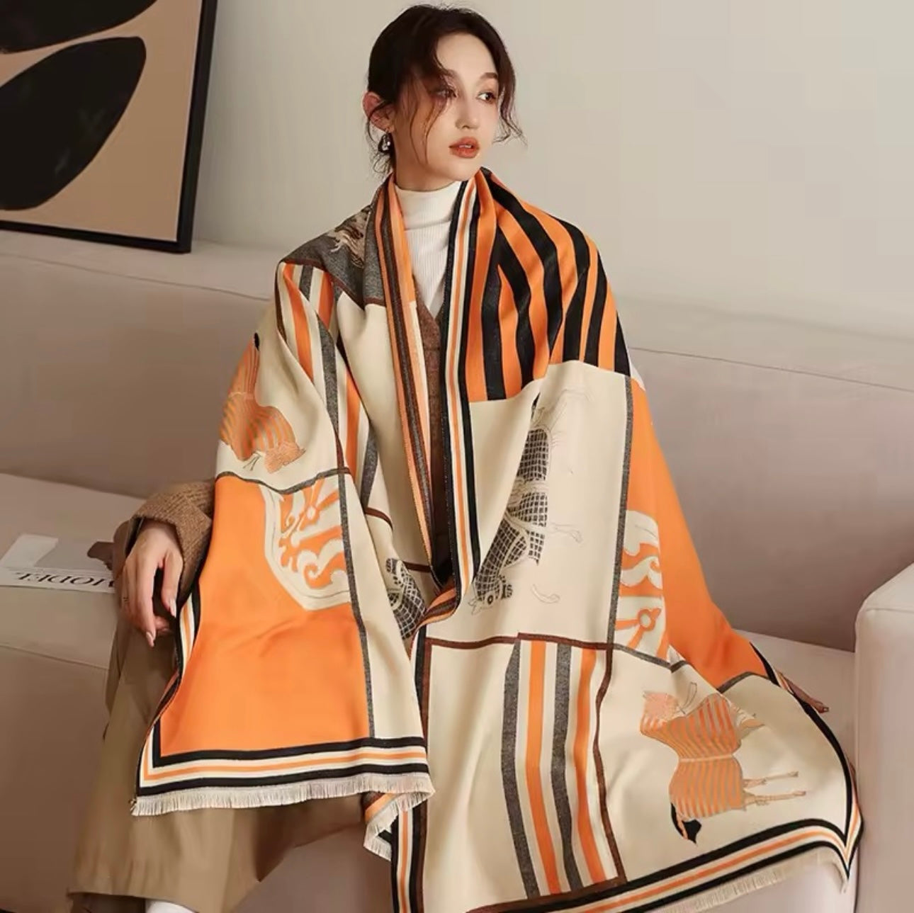 Luxury Women Limited Edition Horse Design Cashmere Touch Scarf - Warm Fringe Shawl