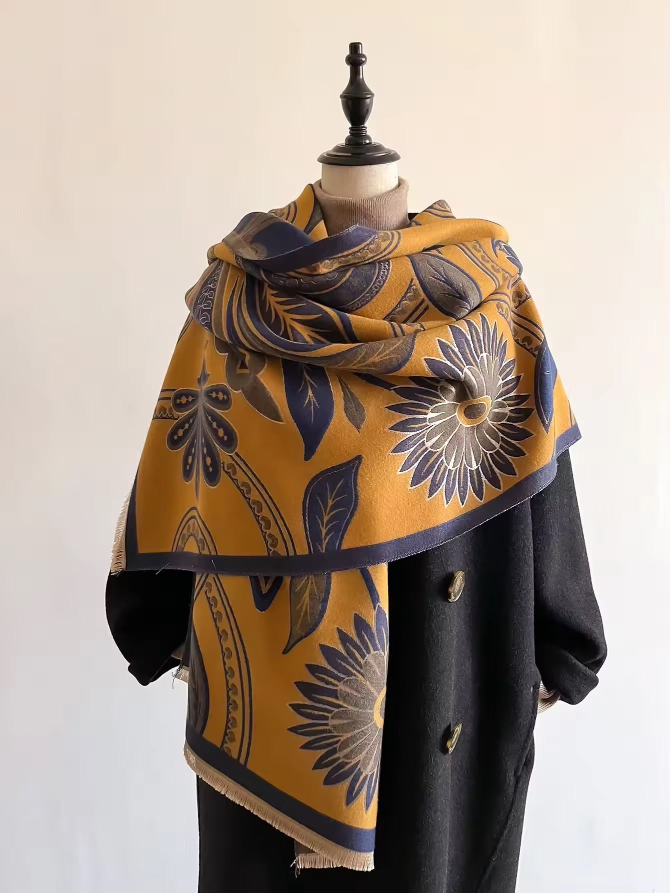 Luxury Women Floral Cashmere Touch Flower Scarf - Warm Fringe Shawl