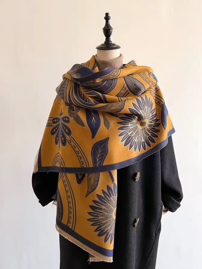 Luxury Women Floral Cashmere Touch Flower Scarf - Warm Fringe Shawl