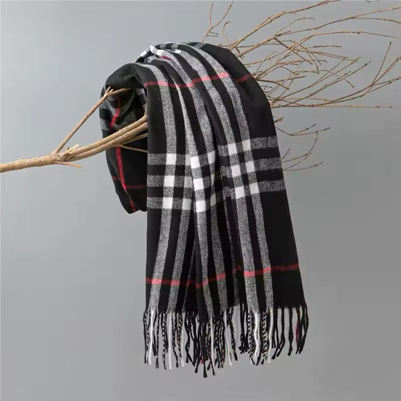 Men & Women Checked Pattern Cashmere Touch Scarf - Warm Fringe Shawl