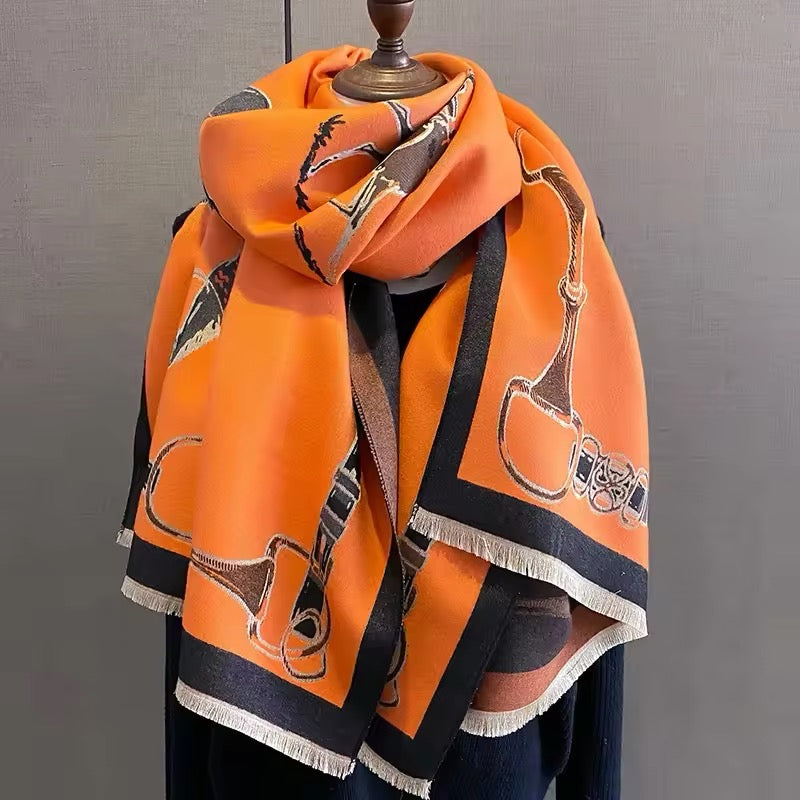 Luxury Women Limited Edition Horse Design Cashmere Touch Scarf - Warm Fringe Shawl