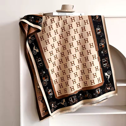 Luxury Women Limited Edition Horse Design Cashmere Touch Scarf - Warm Fringe Shawl