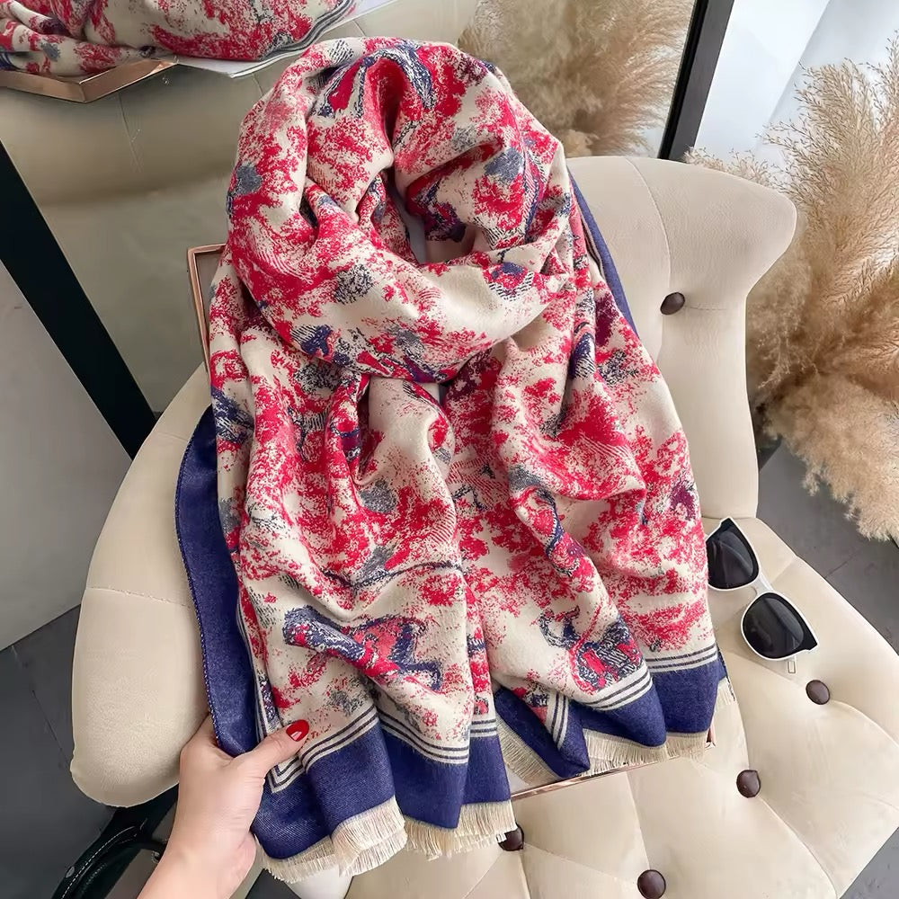 Luxury Women Floral Cashmere Touch Flower Scarf - Warm Fringe Shawl