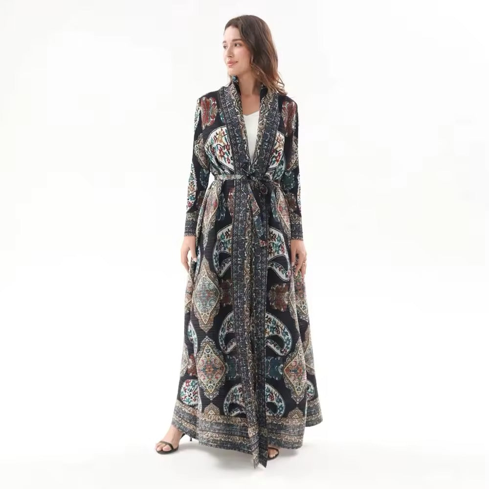 Women Split Abaya Vintage Printed Design Lapel Long Sleeved Open Front Cardigan Loose Big Collar