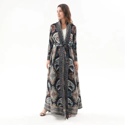 Women Split Abaya Vintage Printed Design Lapel Long Sleeved Open Front Cardigan Loose Big Collar