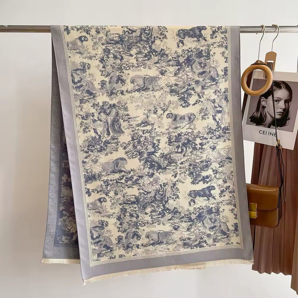 Luxury Women Floral Cashmere Touch Flower Scarf - Warm Fringe Shawl