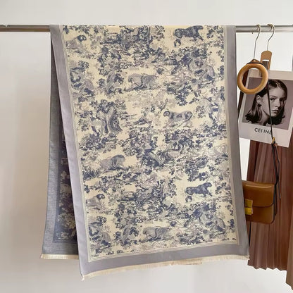 Luxury Women Floral Cashmere Touch Flower Scarf - Warm Fringe Shawl