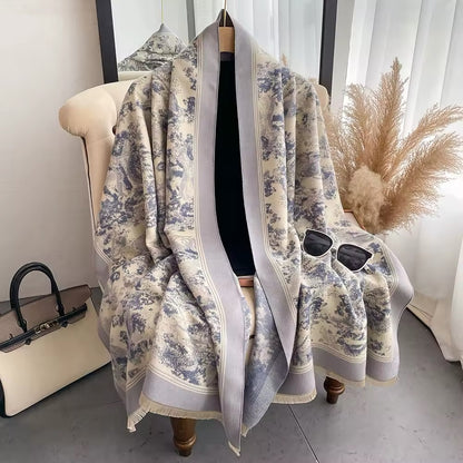 Luxury Women Floral Cashmere Touch Flower Scarf - Warm Fringe Shawl