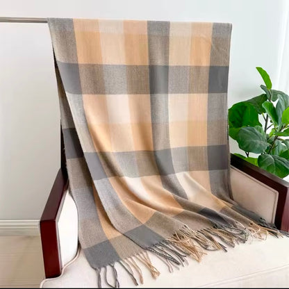 Men & Women Checked Pattern Cashmere Touch Scarf - Warm Fringe Shawl