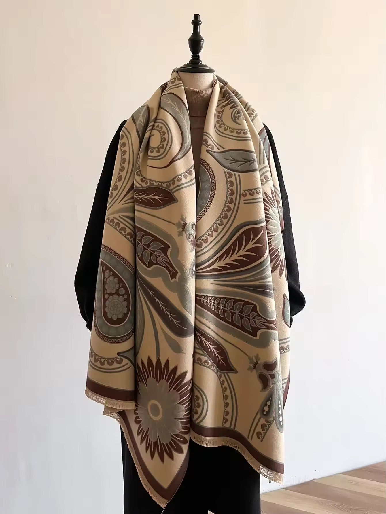 Luxury Women Floral Cashmere Touch Flower Scarf - Warm Fringe Shawl