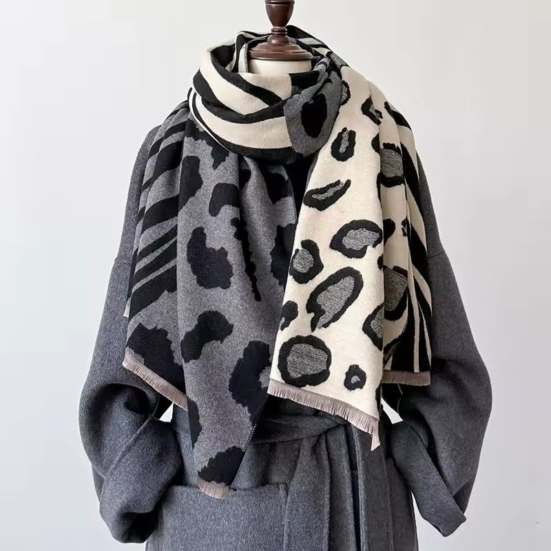 Tiger and Leopard Print Scarf Thickened Warm Cashmere Double Sided Shawl Women Allure