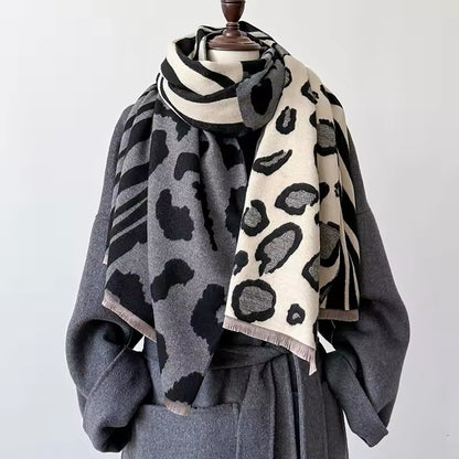 Tiger and Leopard Print Scarf Thickened Warm Cashmere Double Sided Shawl Women Allure