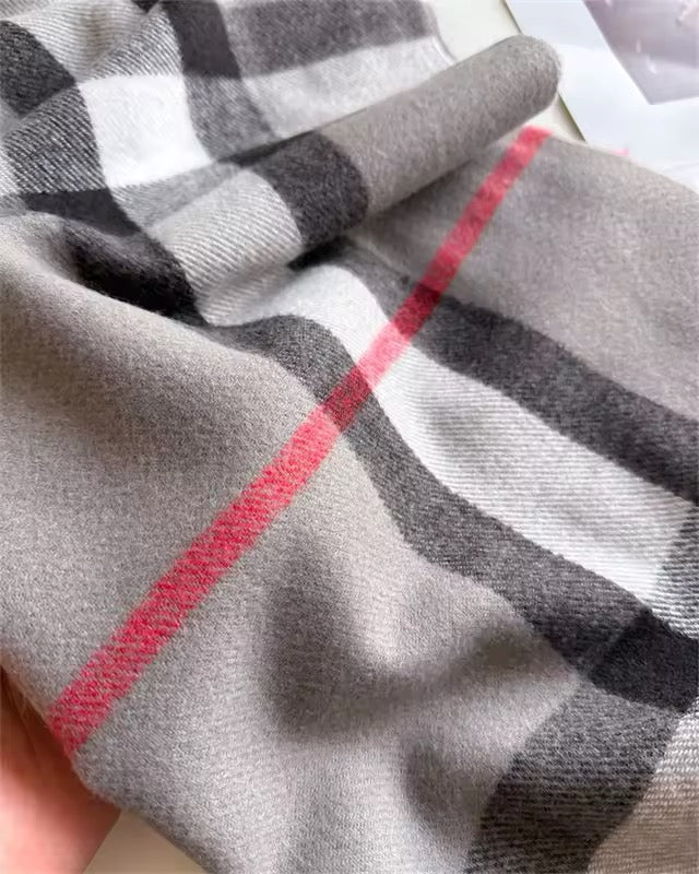 Men & Women Checked Pattern Cashmere Touch Scarf - Warm Fringe Shawl